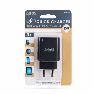 Hálózati Adapter USB + Type-C PD20W gyorstöltéssel - fekete    Delight 55047BK - Image 4